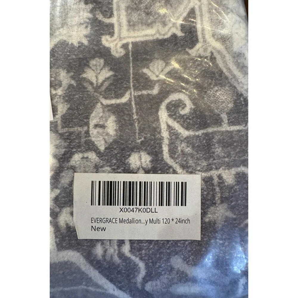 New EverGrace Medallion Gray Print 10 Foot Runner Washable Rug 2 x 10